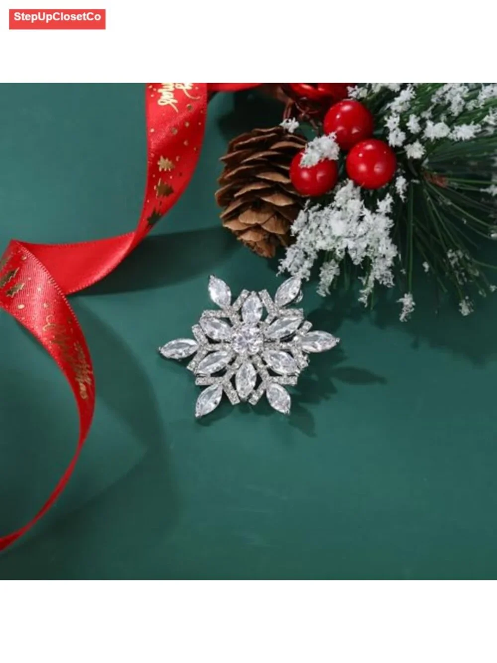 Cubic Zirconia Snowflake Brooch Pin Clear Silver-Tone Winter Bridal Corsage